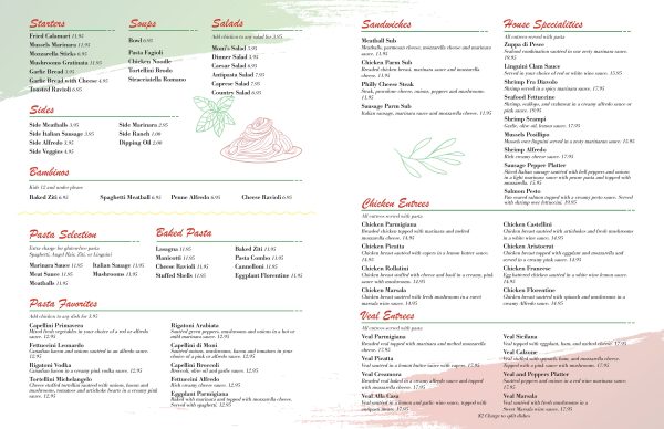 Monies Menu Menu – Monis Pasta and Pizza